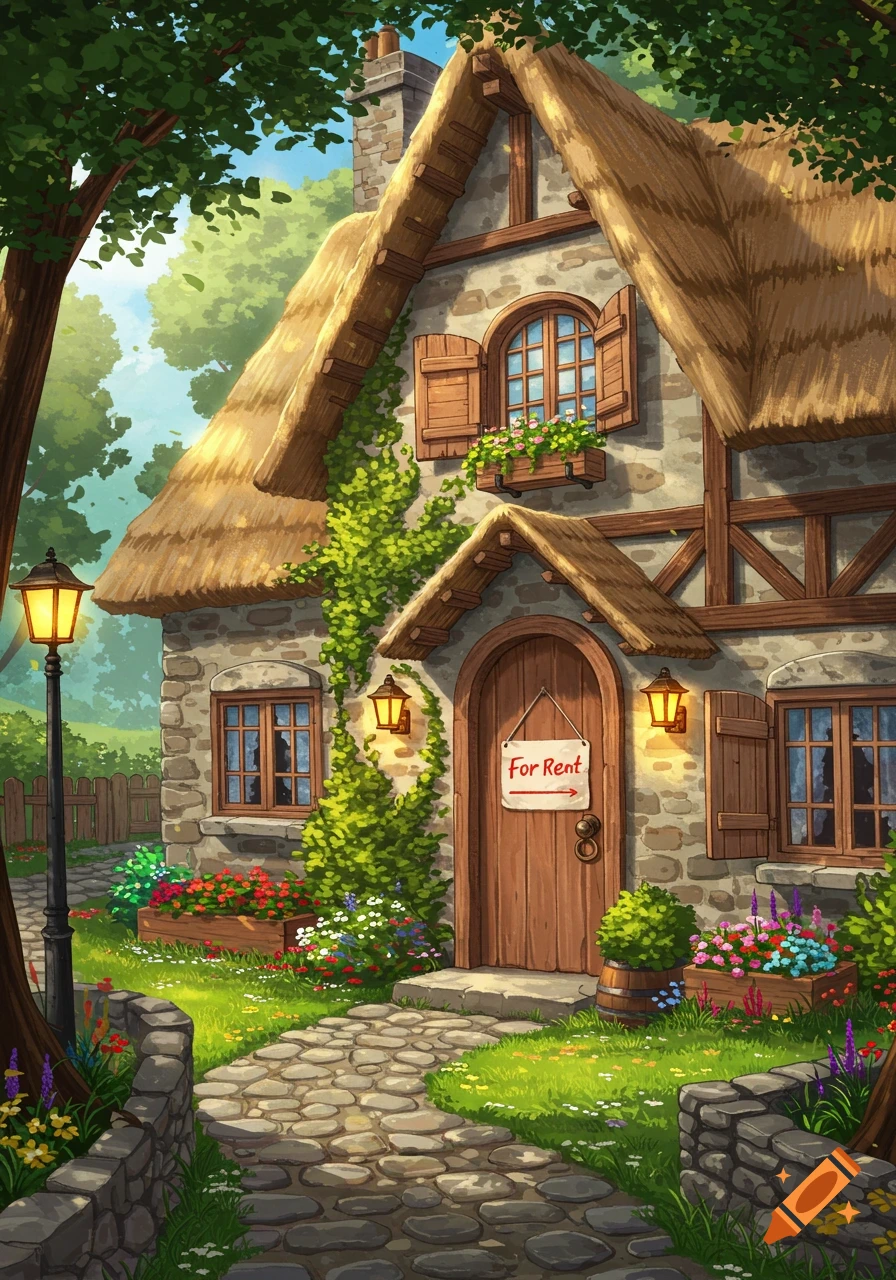 A charming cartoon-style stone cottage with a thatched roof, surrounded by flowers and a cobblestone path, with a 'For Rent' sign on the door.
