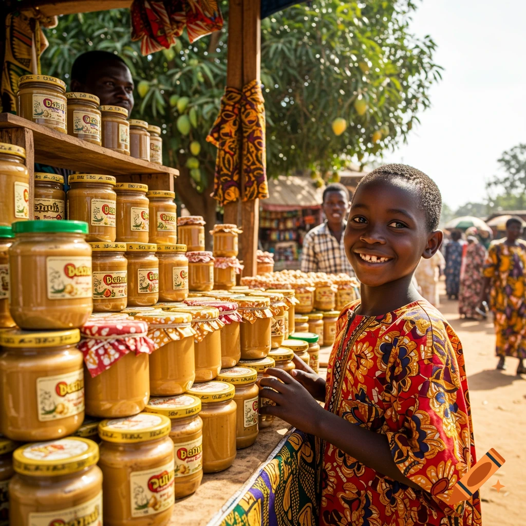 A young African boy with a bright smile stands at a market stall filled with jars of peanut butter, with people in the background. Photorealistic.