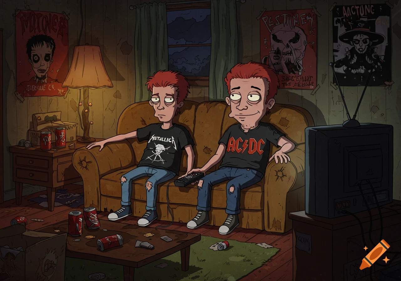 Cartoon characters resembling Beavis and Butt-Head sit on a messy couch, one with a Metallica shirt, the other with AC/DC, watching TV.