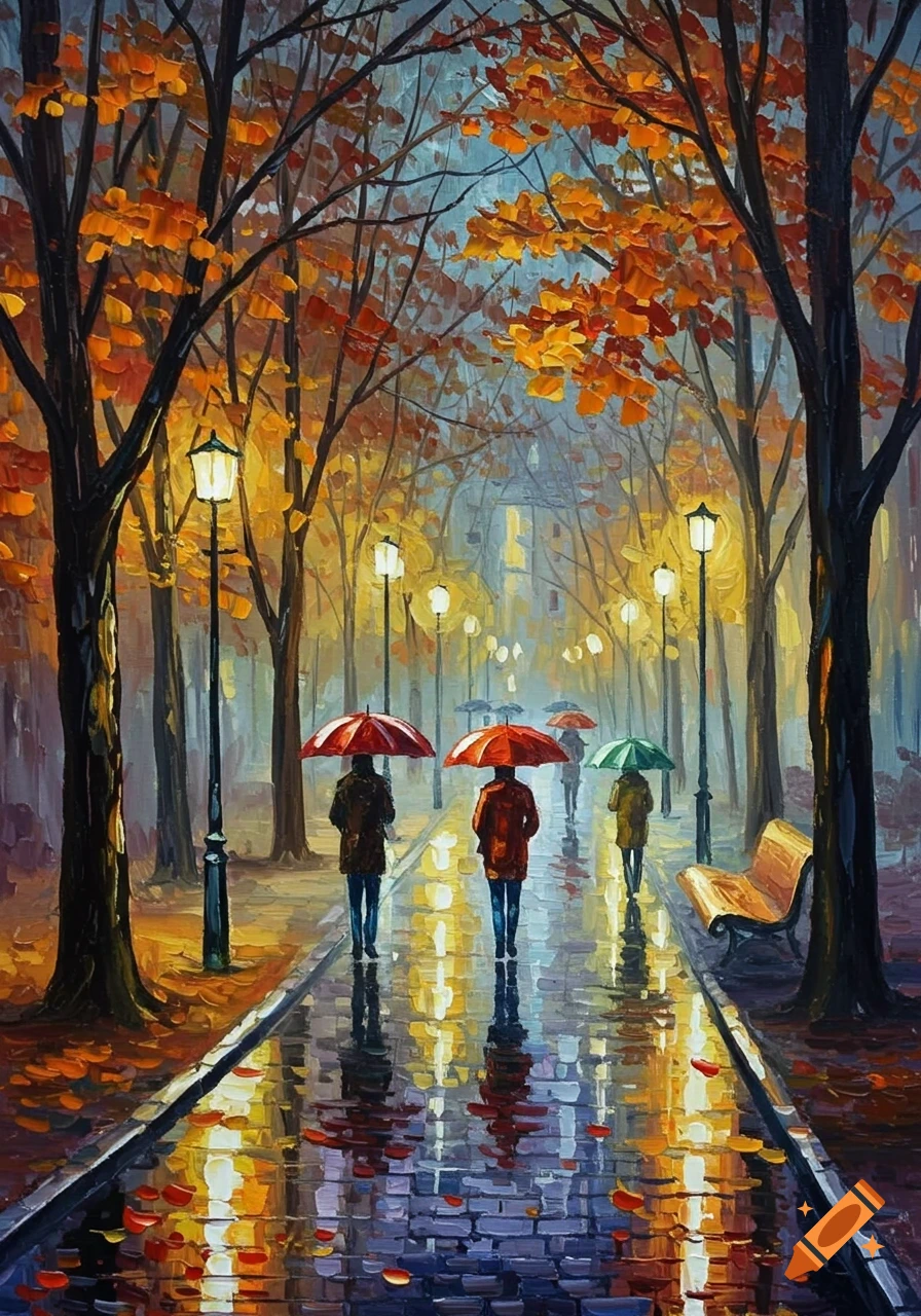 Oil painting of people with umbrellas walking on a wet, leaf-strewn path in an autumn park, lit by street lamps.