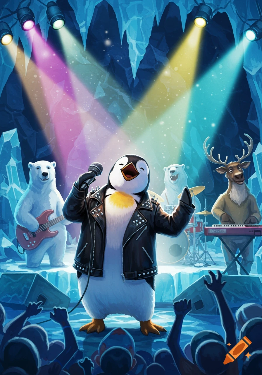 Cartoon penguin rock singer in a studded jacket on stage with a band of polar bears and a reindeer in an ice cave with colorful lights.