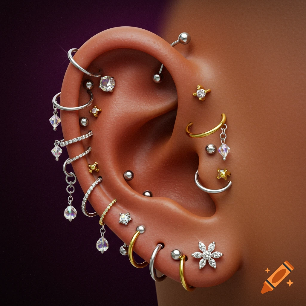 Close-up, photorealistic image of a human ear adorned with numerous silver and gold piercings featuring gems and crystals.