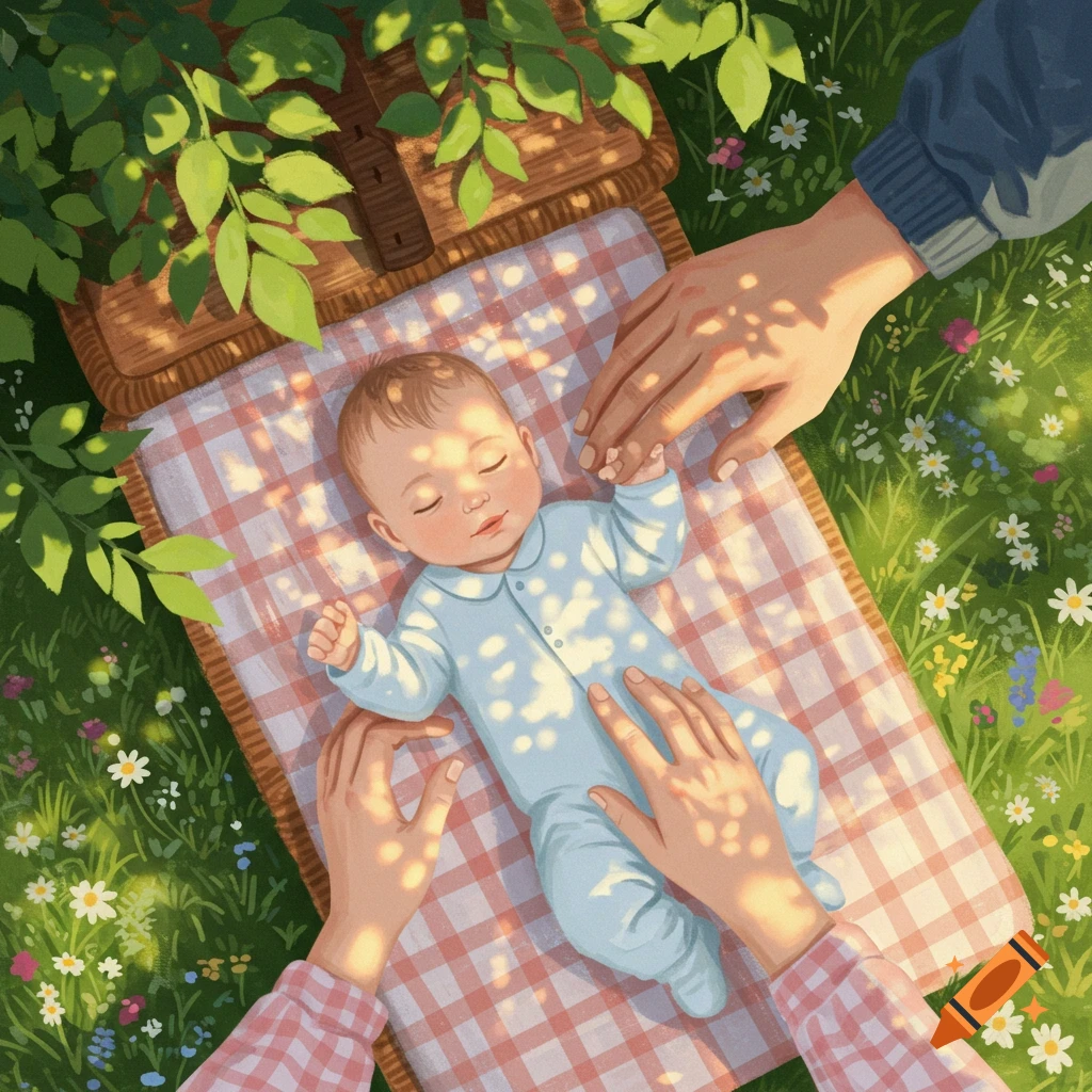 An overhead view illustration of a sleeping baby in a light blue onesie on a red and white picnic blanket. Adult hands gently touch the baby's head and tummy. Sunlight dappled leaves and grass with wildflowers surround the scene, in a warm, bright illustration style.