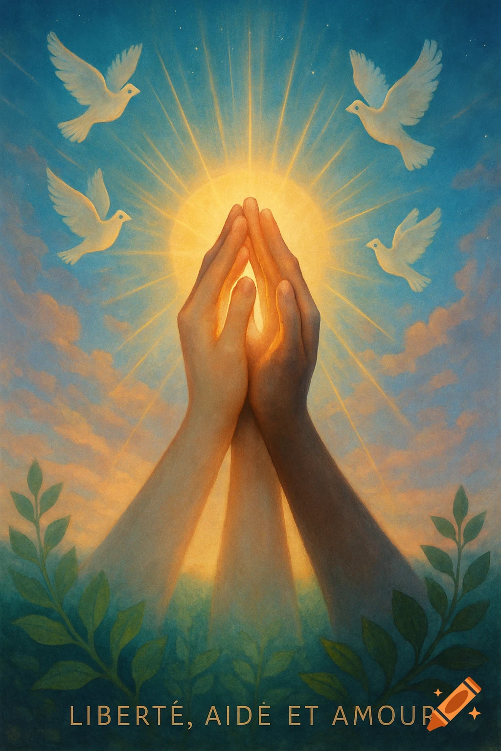 Symbolic illustration of two hands (light and dark skin) clasped under a radiant sun, surrounded by doves and leaves. Text: Liberté, Aidé et Amour.