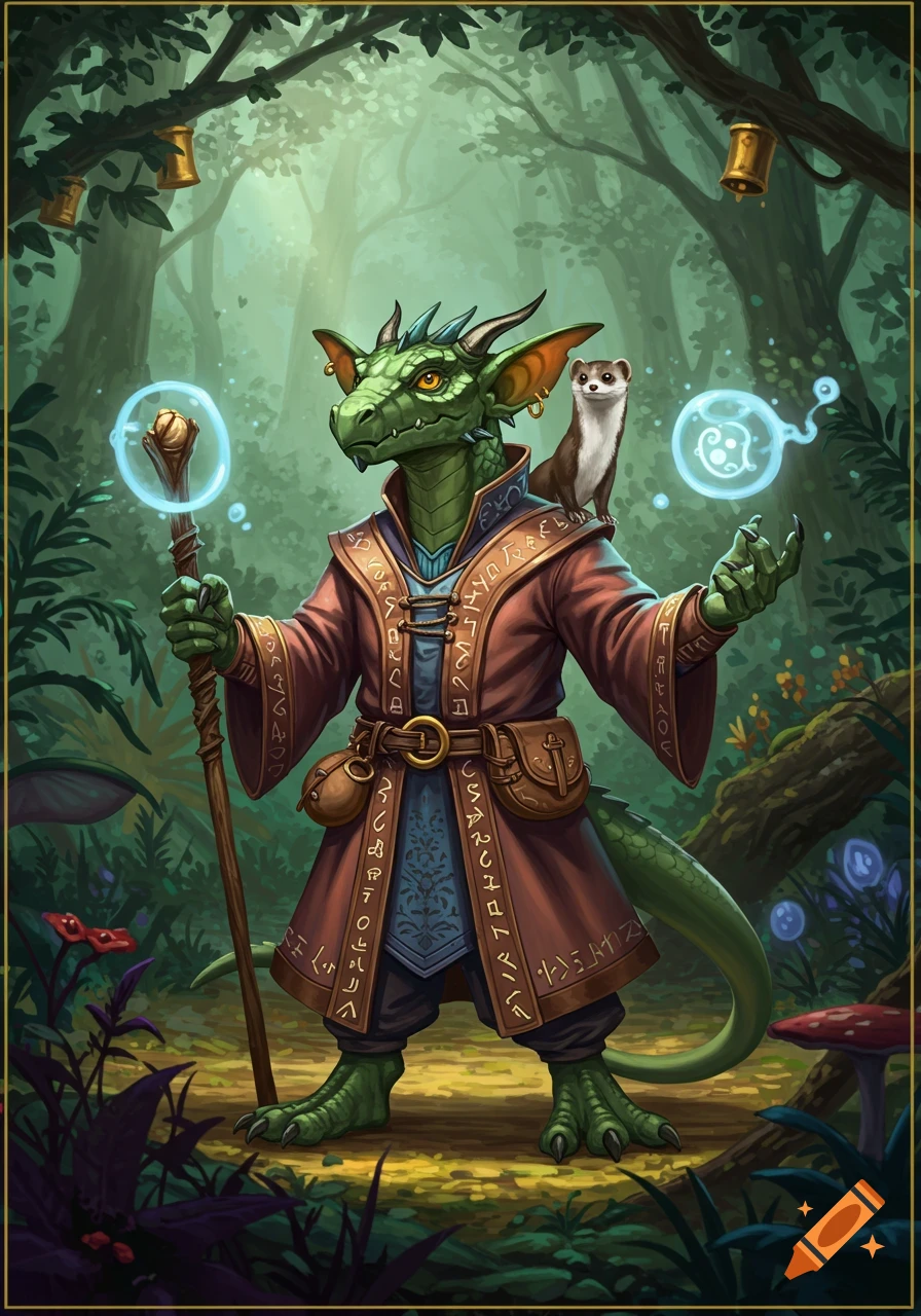 A green dragon-like wizard holding a staff, with a ferret on his shoulder, stands in a magical forest.