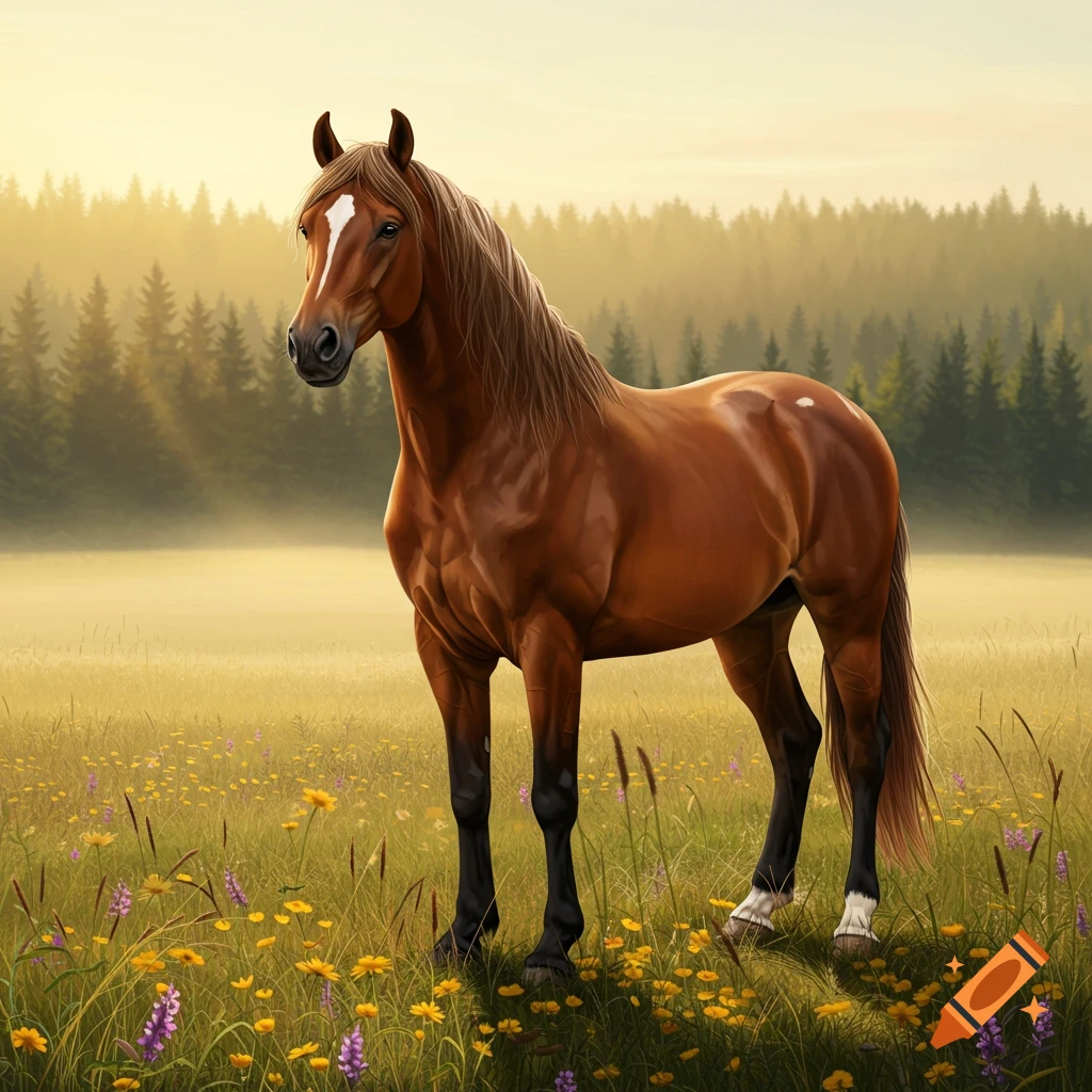 A brown horse with a white blaze stands in a sunlit meadow filled with yellow and purple wildflowers, a misty forest behind it.