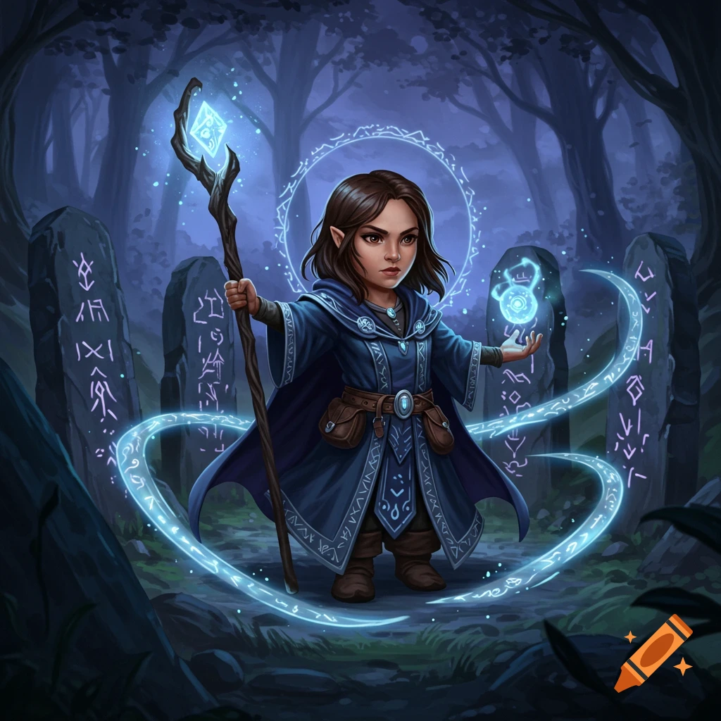 A female sorcerer with brown hair and elf-like ears stands in a dark forest among runic stones, casting glowing blue magic.
