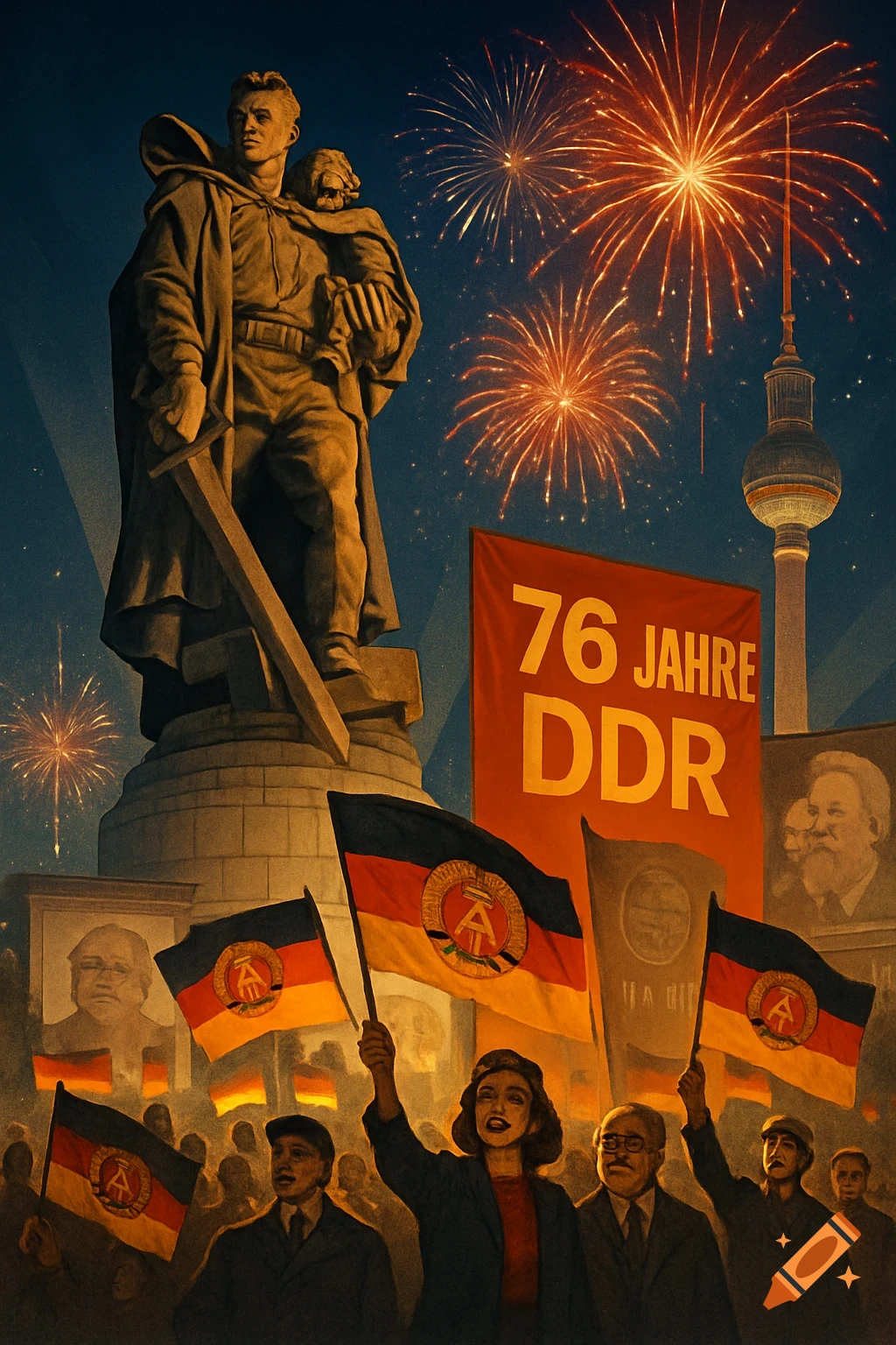 A Soviet-style propaganda artwork depicting 76 years of DDR, with a heroic statue, fireworks, the Berlin TV Tower, and a crowd waving flags.