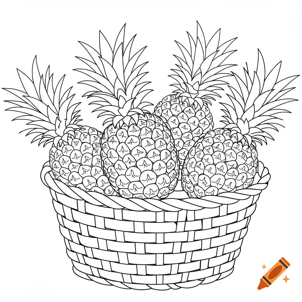 A black and white coloring book style line drawing of four pineapples in a wicker basket.