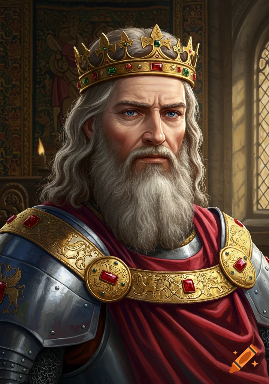 Realistic portrait of a white-bearded king with a gold crown, blue eyes, wearing silver armor and a red cloak in a castle.