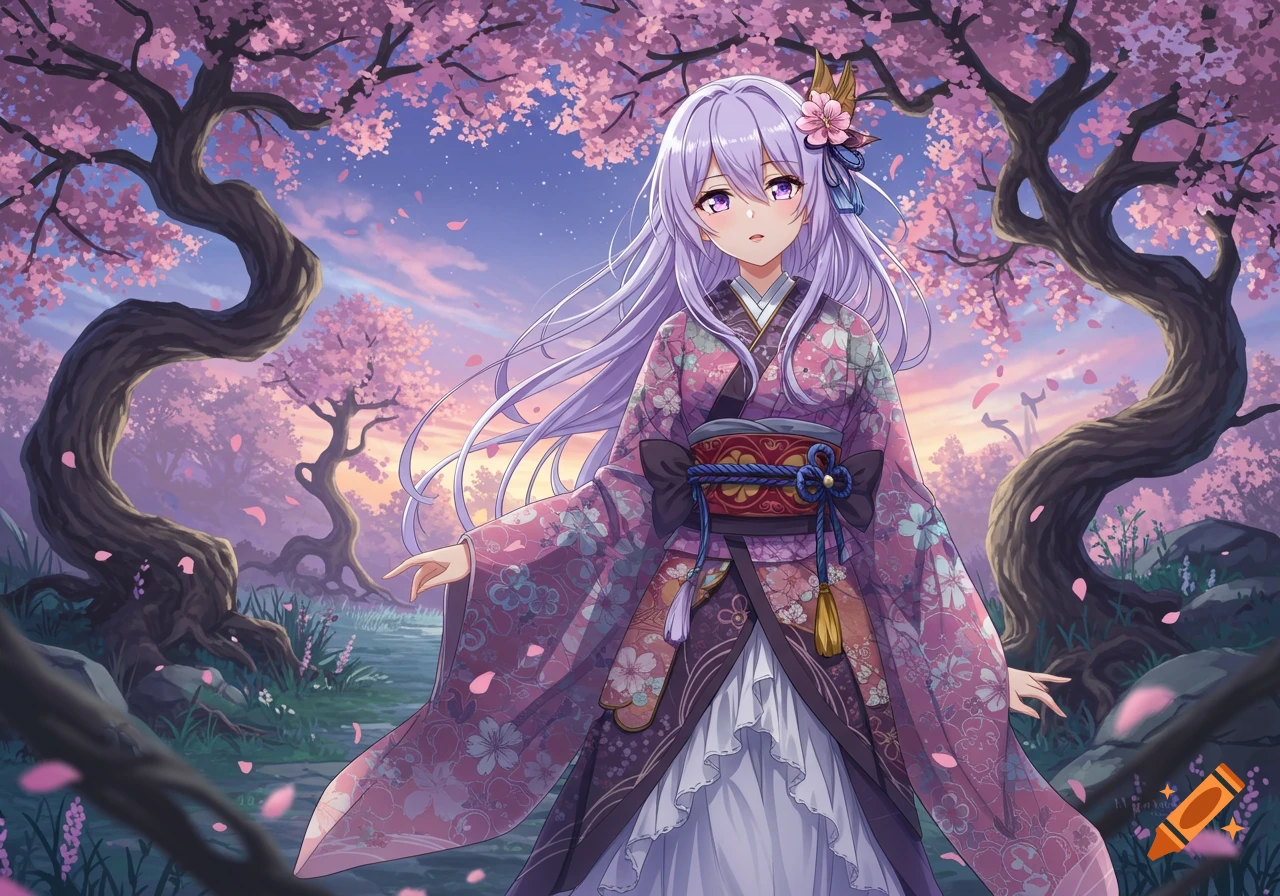 Anime girl with long purple hair in a pink kimono walks through a path lined with cherry blossom trees at dusk.