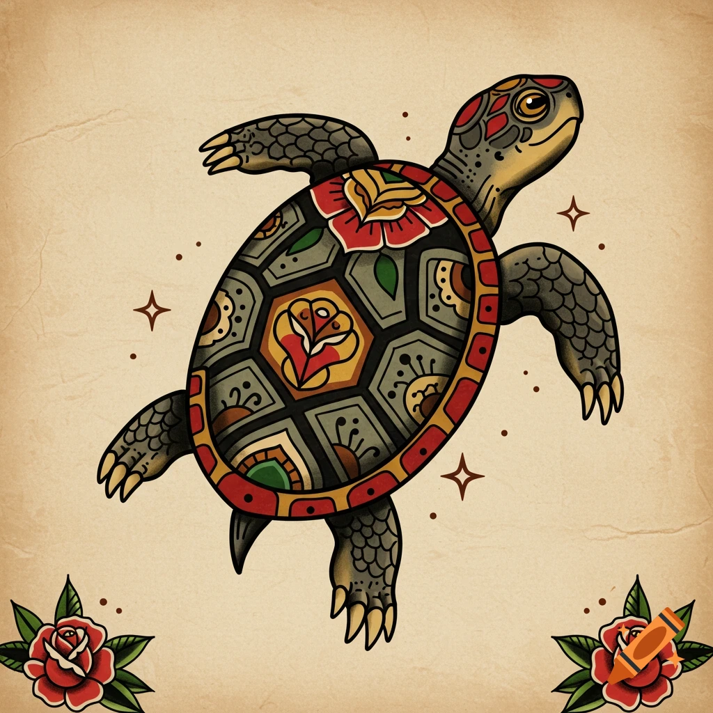 American traditional tattoo design of a stylized turtle with decorative shell patterns, flanked by red roses and stars on a parchment background.