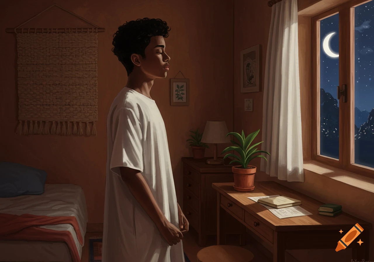 Young Black man with closed eyes stands in a dimly lit room at night, with a crescent moon visible outside the window.