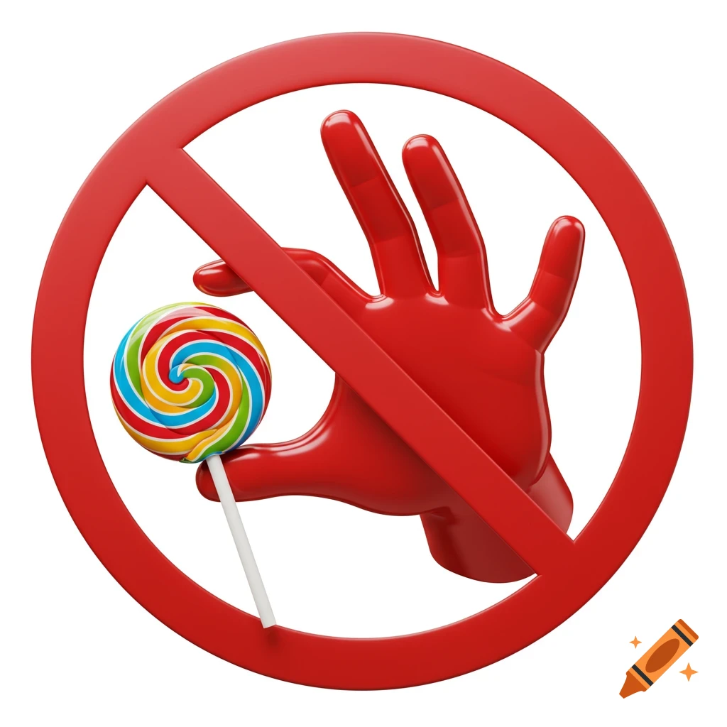 A red prohibition sign with a stylized red hand holding a colorful swirl lollipop.