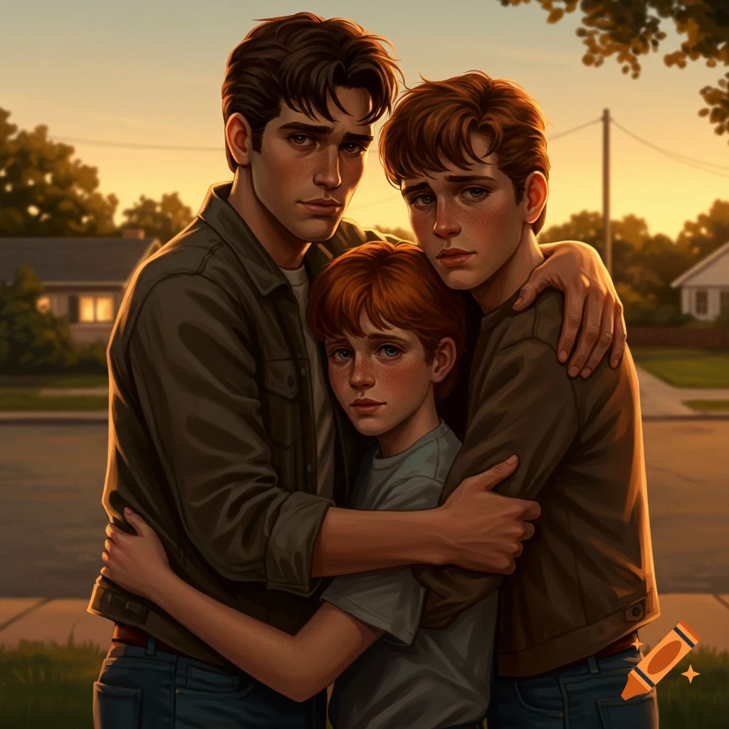 Three young men, brothers, embrace in a digital painting set in a sunset-lit suburban neighborhood.