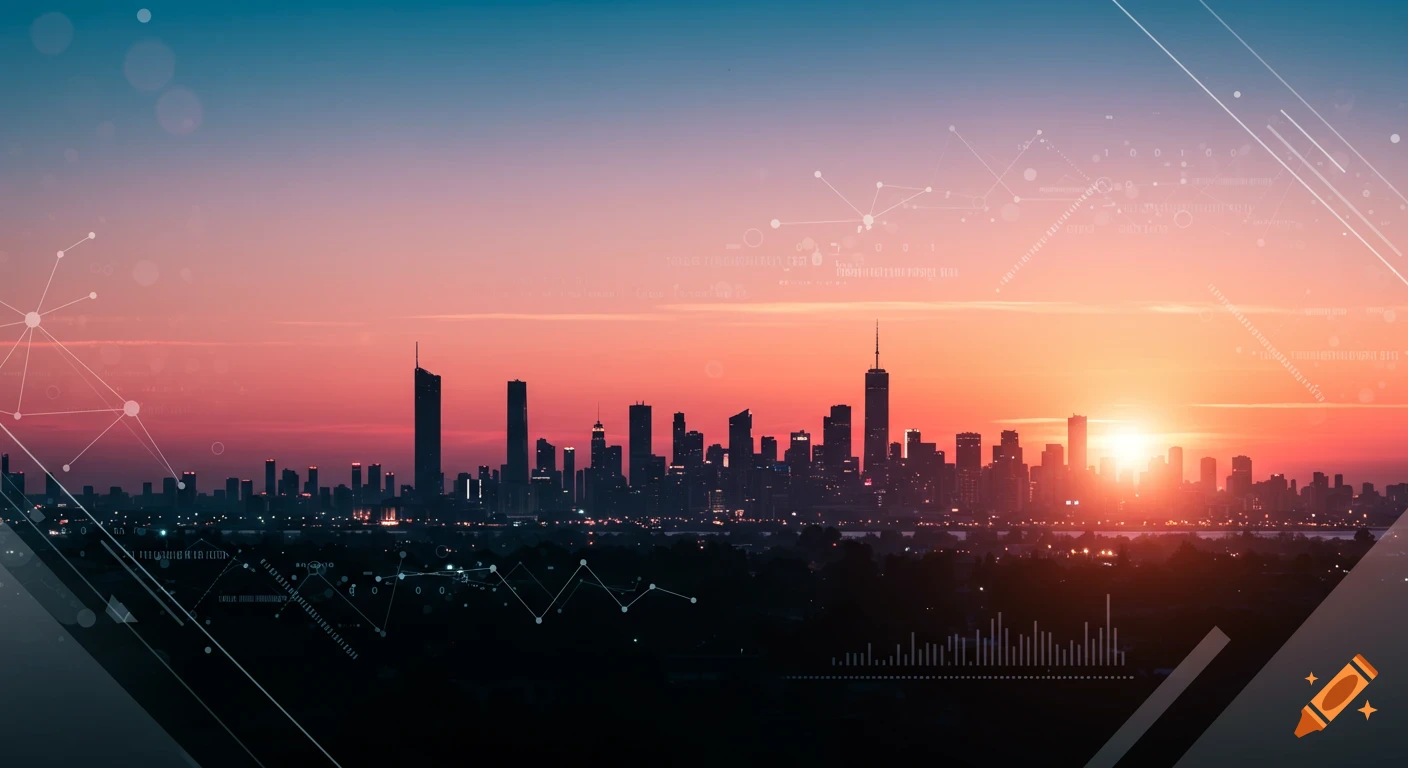 Silhouetted city skyline at sunset with abstract digital data overlays.