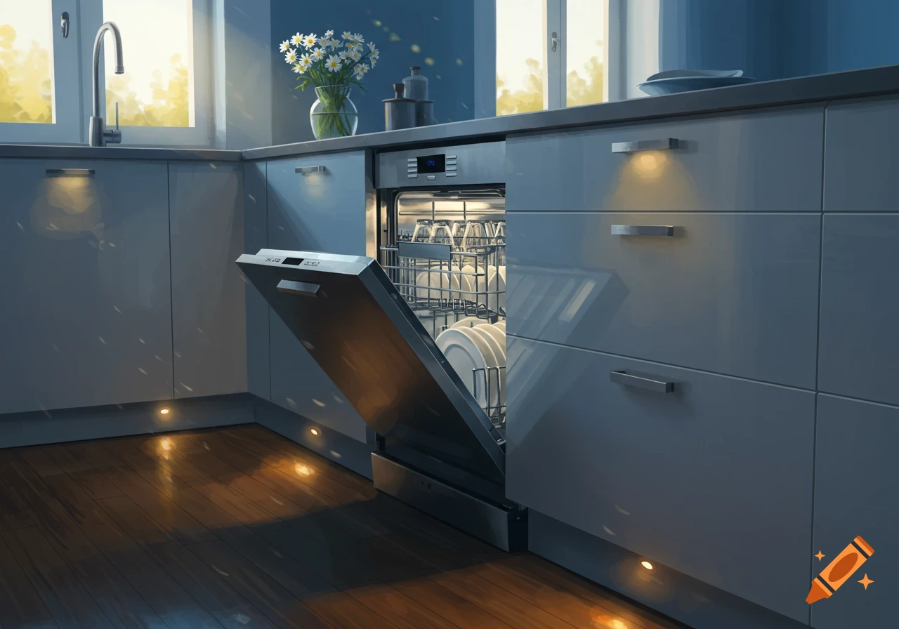 A stylized illustration of a modern kitchen with light gray cabinets, an open dishwasher filled with dishes, and a vase of daisies.