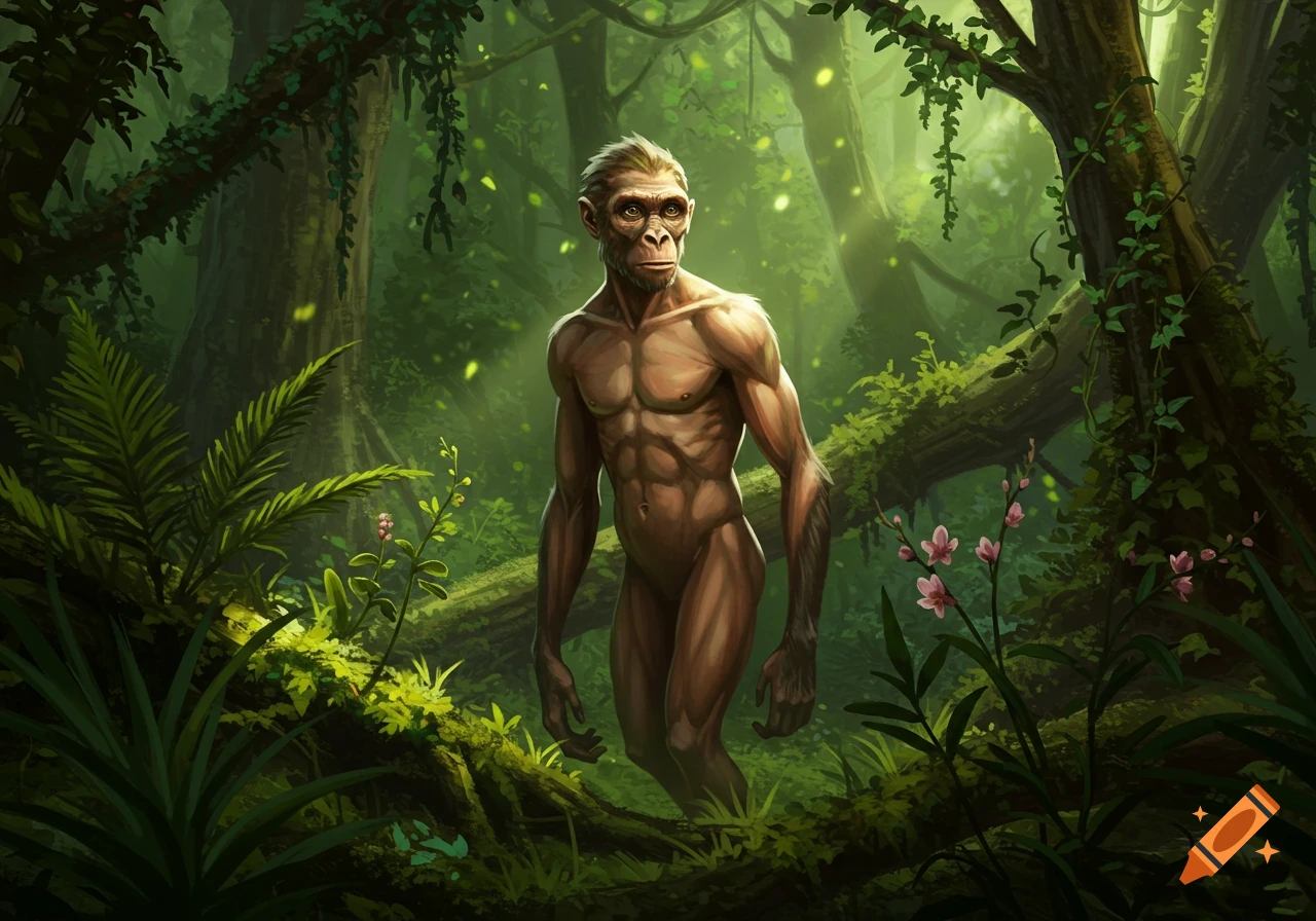 A muscular, nude hominid creature with ape-like features stands in a lush, green, sunlit jungle.