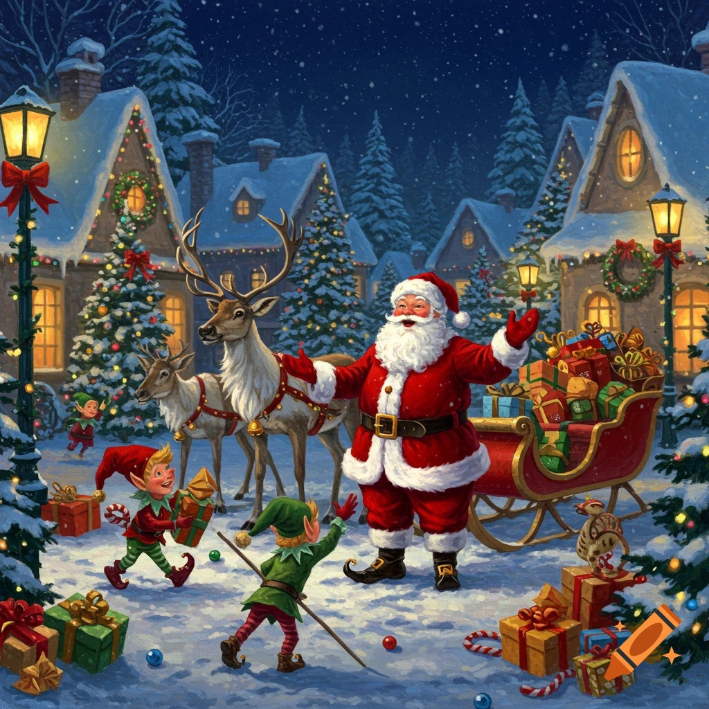 A festive illustration of Santa Claus, reindeer, and elves in a snowy Christmas village at night with glowing lanterns and gifts.