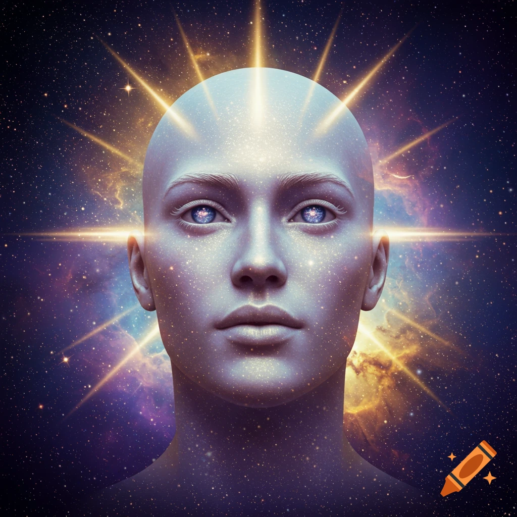 Close-up of an ethereal, bald figure with sparkling skin, surrounded by a starry cosmic background and golden light rays.