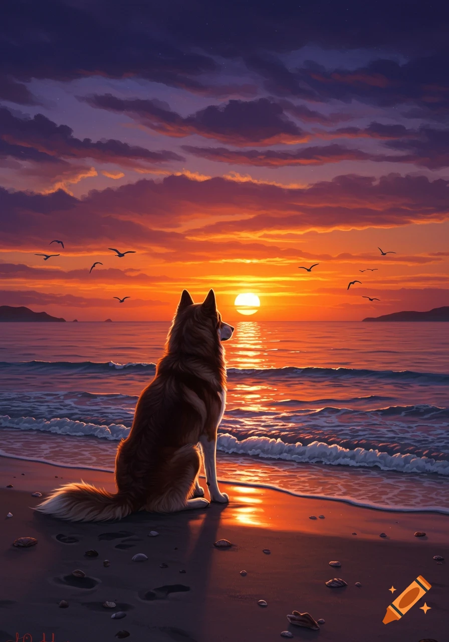 Digital painting of a dog sitting on a beach, looking out at a vibrant sunset over the ocean.
