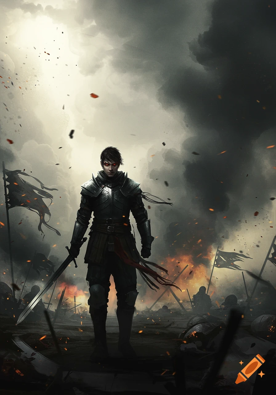 A lone warrior in dark armor stands on a smoke-filled, fiery battlefield, holding a sword. Dark, dramatic painting style.