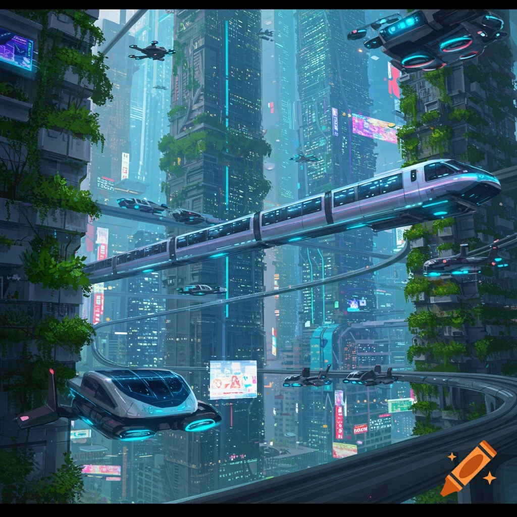 A vibrant futuristic city with elevated bullet trains, flying vehicles, and skyscrapers adorned with vertical gardens.