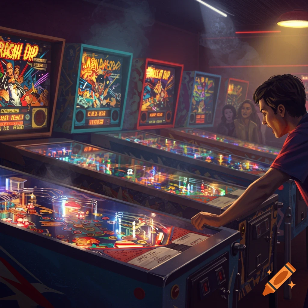 A person plays a pinball machine in a dimly lit arcade filled with glowing pinball games. The machines display colorful, retro-style artwork.