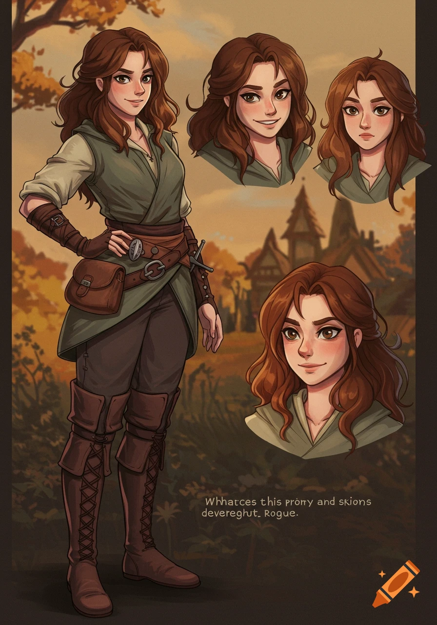 A character sheet with a full-body illustration of a brown-haired female rogue in green and brown attire, accompanied by three bust shots showing different expressions, in a Studio Ghibli art style.