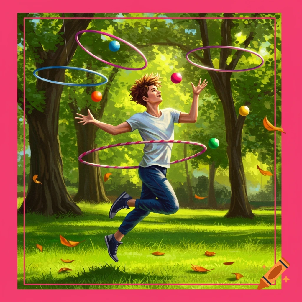 A young man juggles colorful balls and hula hoops in a bright green park with trees, in a stylized illustration.