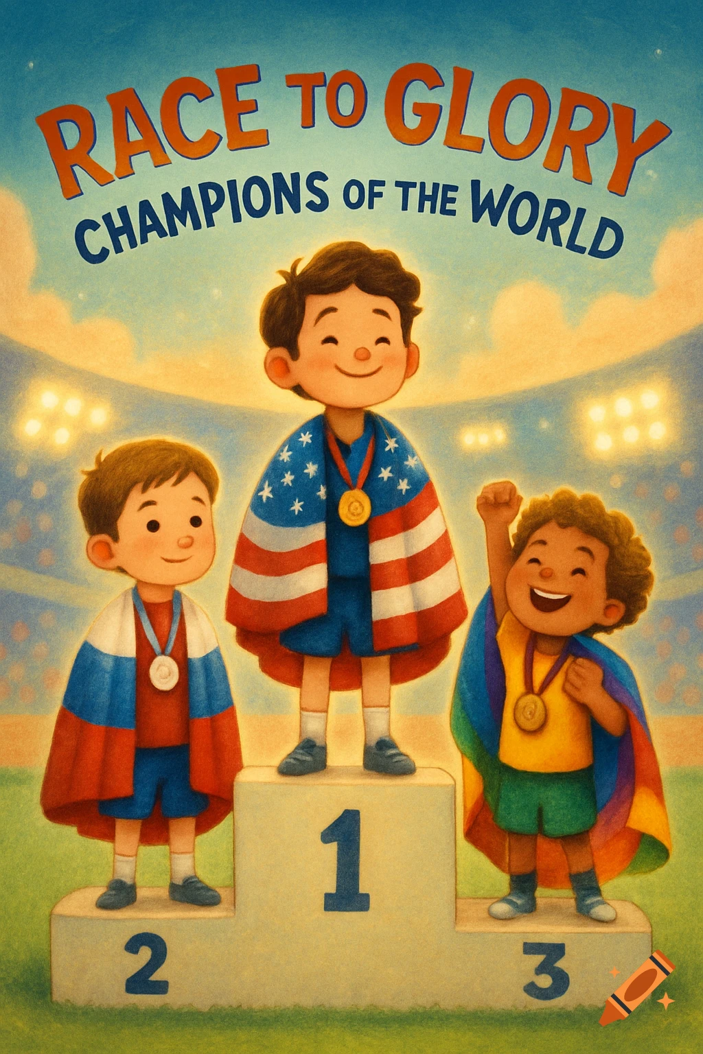Three cartoon children on a winners' podium with flags, US, Russian, and rainbow. Title: RACE TO GLORY.