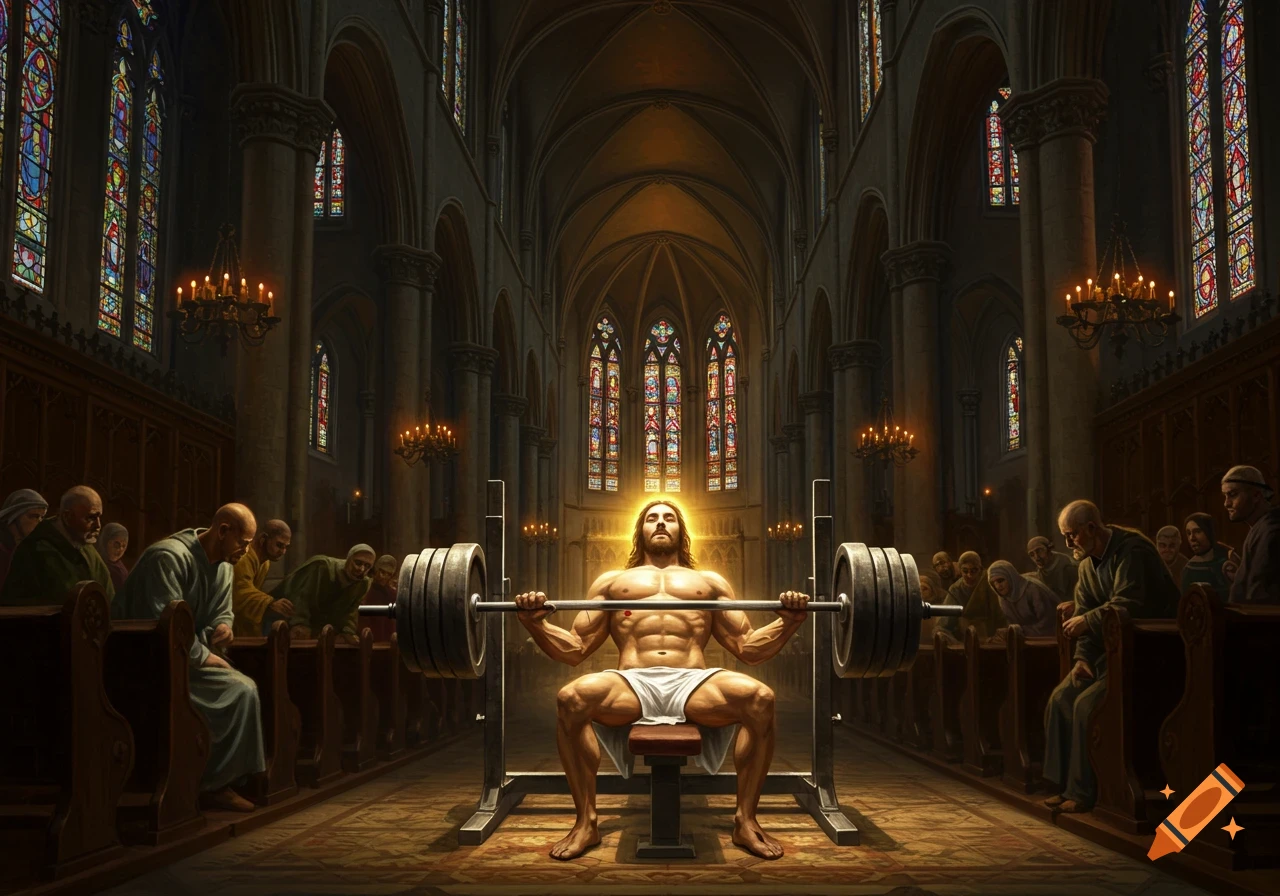 Muscular Jesus Christ bench presses a heavy barbell in a dimly lit Renaissance cathedral, surrounded by onlookers, in an oil painting style.