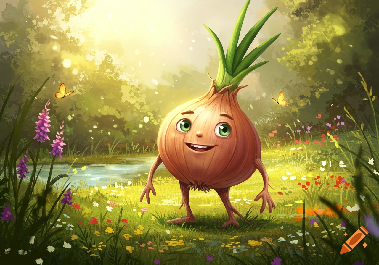 A smiling cartoon onion character with green sprouts for hair stands in a vibrant, sunny forest with wildflowers and butterflies.