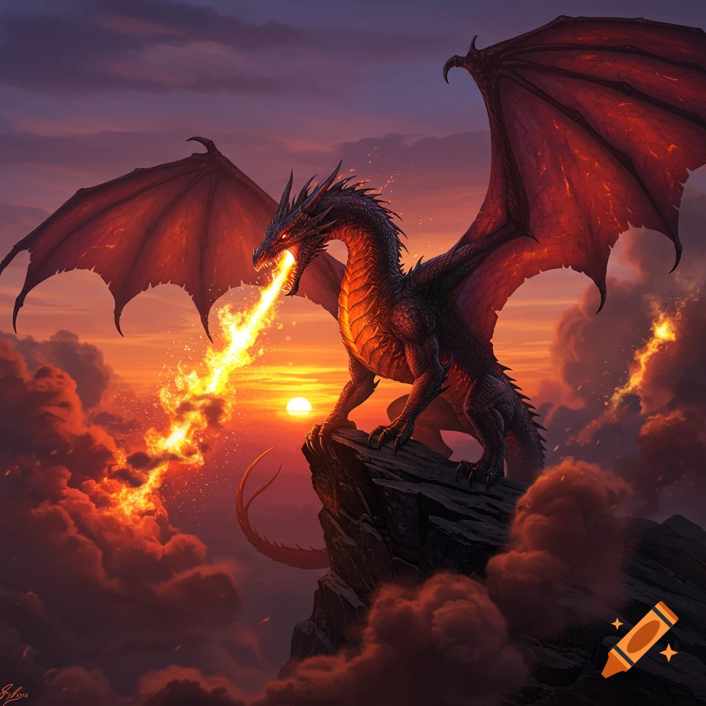 A majestic dark dragon with glowing red wings stands on a rocky peak, breathing fire against a vibrant orange and purple sunset.