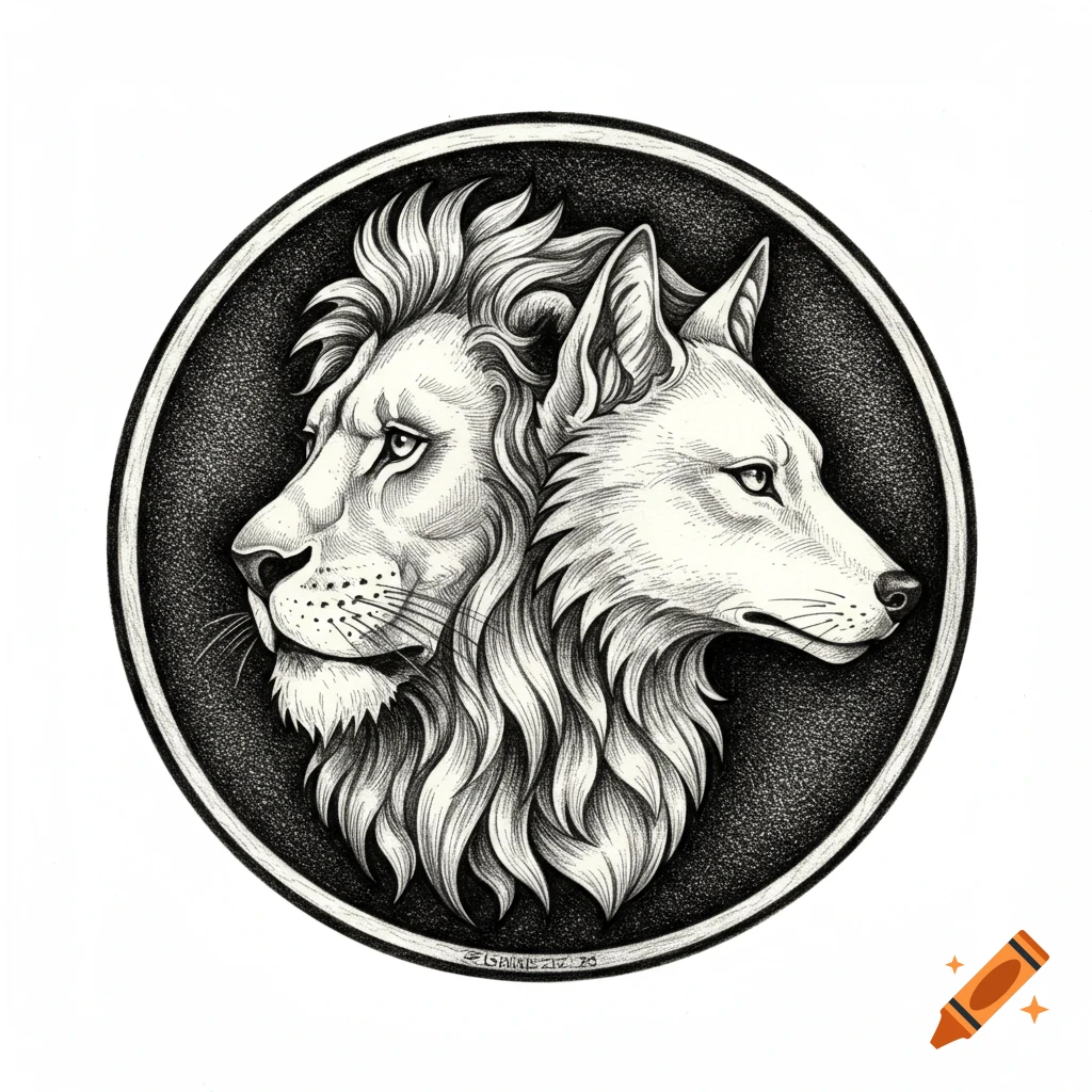 Black and white engraving of a lion's head facing left and a wolf's head facing right, joined in a circular frame.