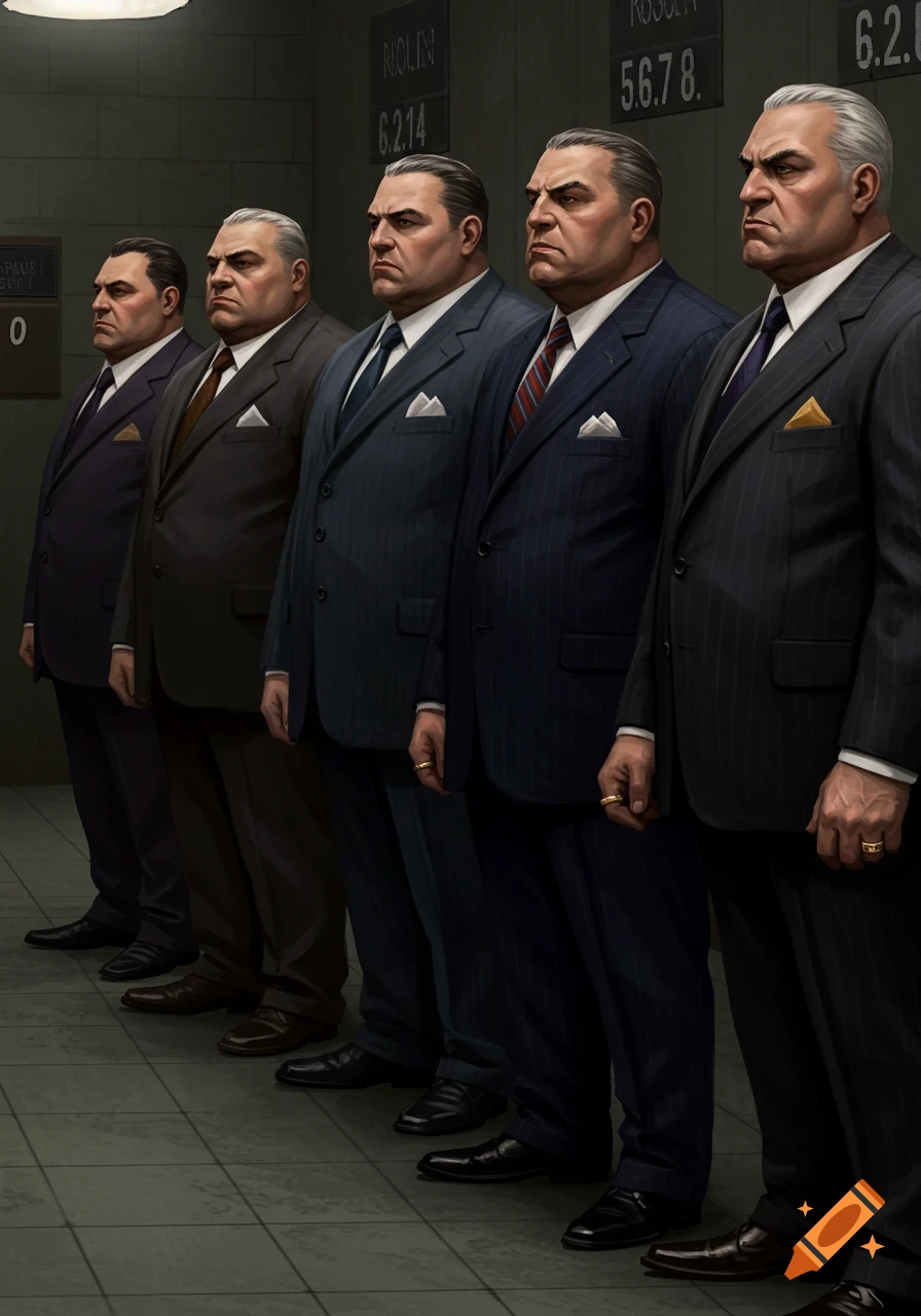 Five stern-faced, heavyset men in suits stand in a police lineup, depicted in a digital art style.