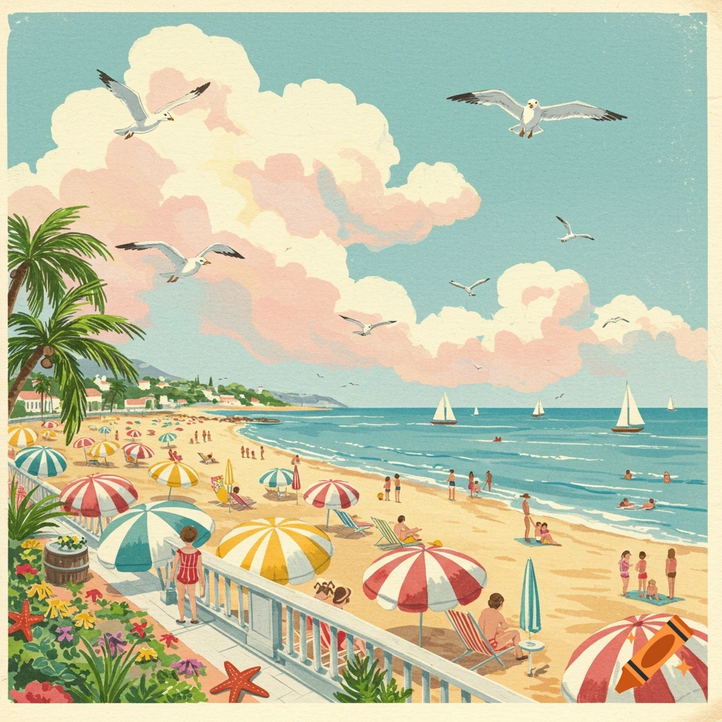 Stylized illustration of a busy summer beach with many people, colorful umbrellas, palm trees, sailboats, and seagulls flying under a pink-clouded sky.