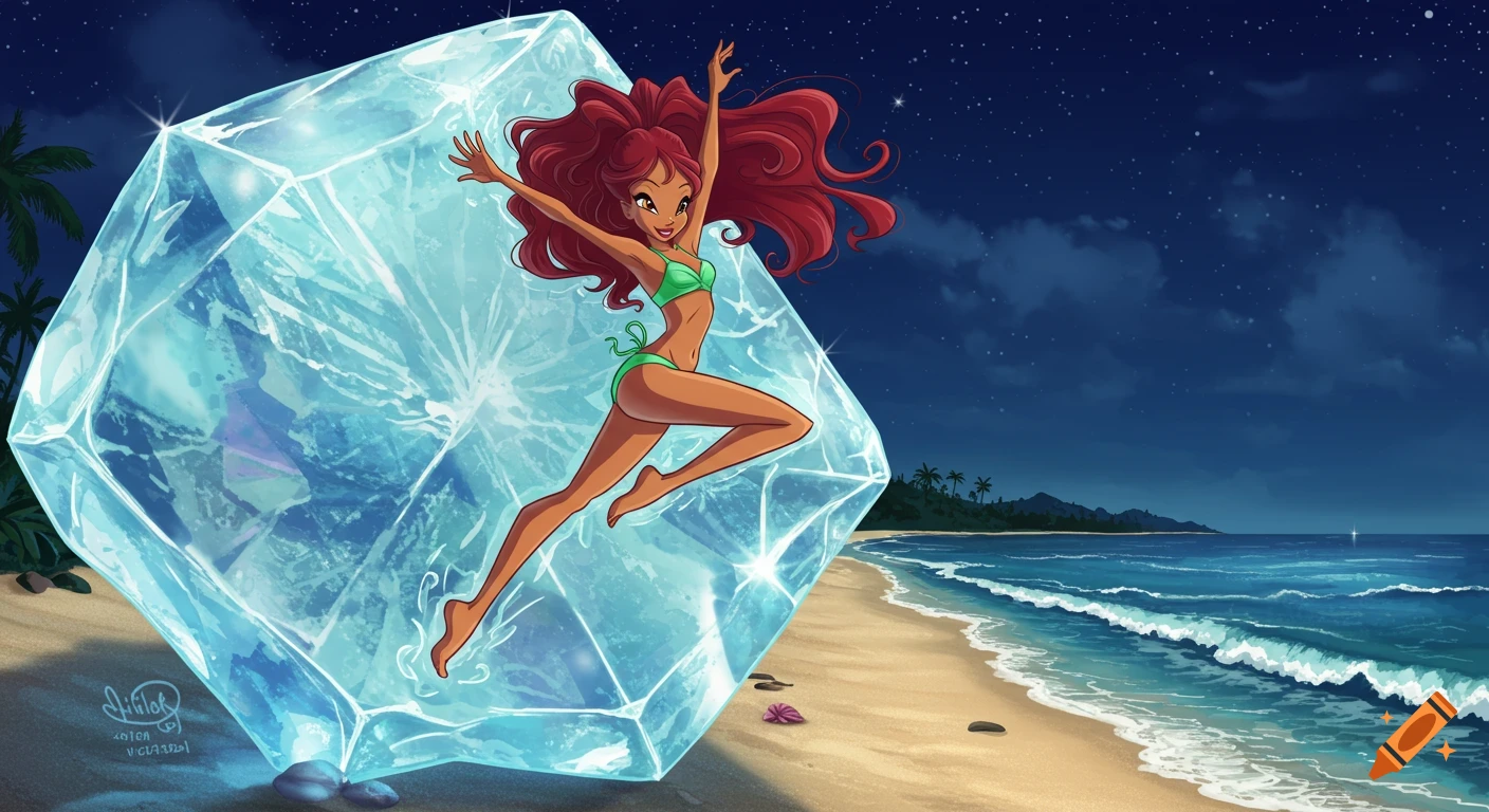 Aisha from Winx Club in a green bikini, jumping inside a large ice cube on a night beach with waves and palm trees. Cartoon style.