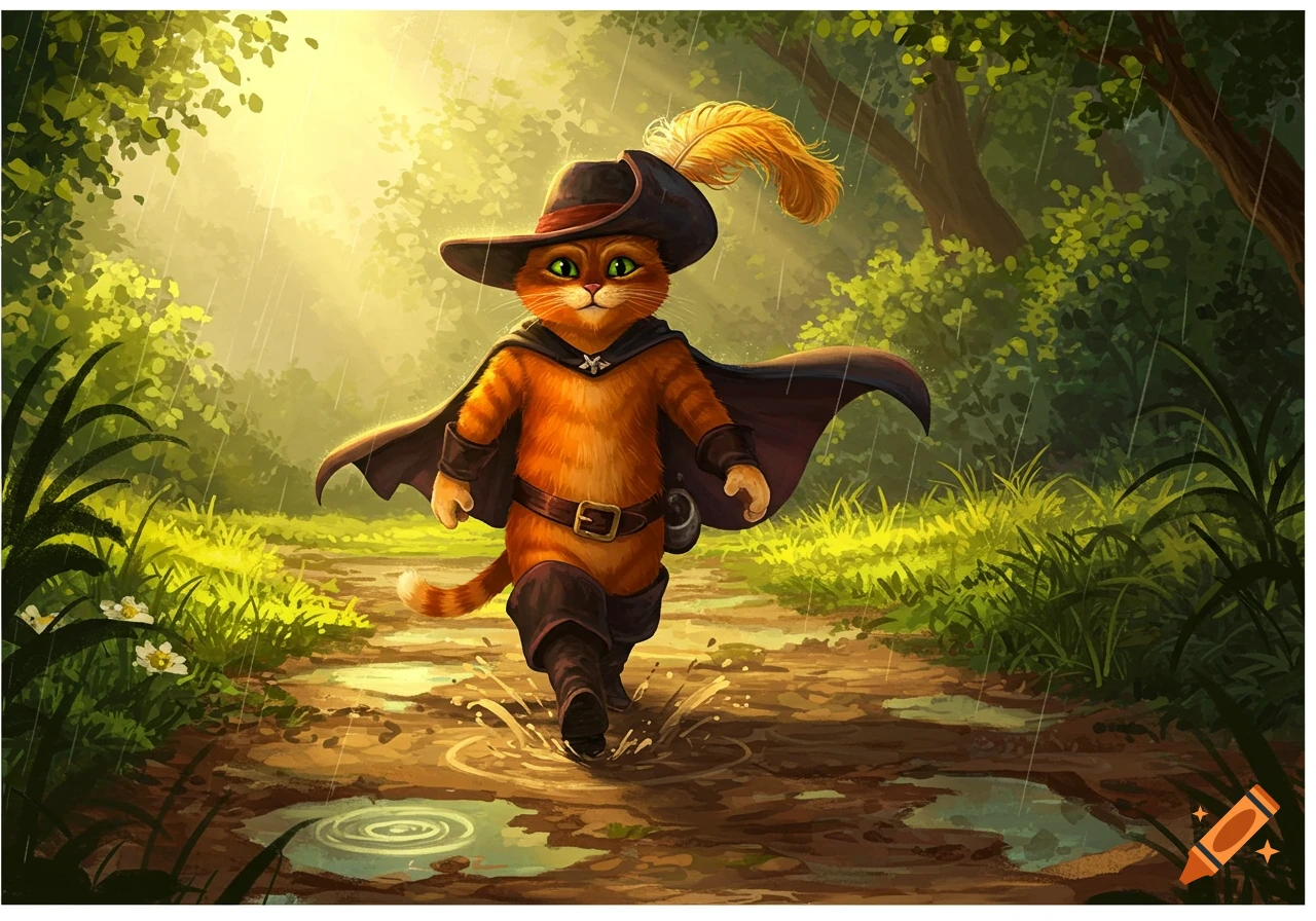 Puss in Boots, an anthropomorphic ginger cat in a feathered hat and cape, splashes through muddy puddles on a forest path in a stylized illustration.