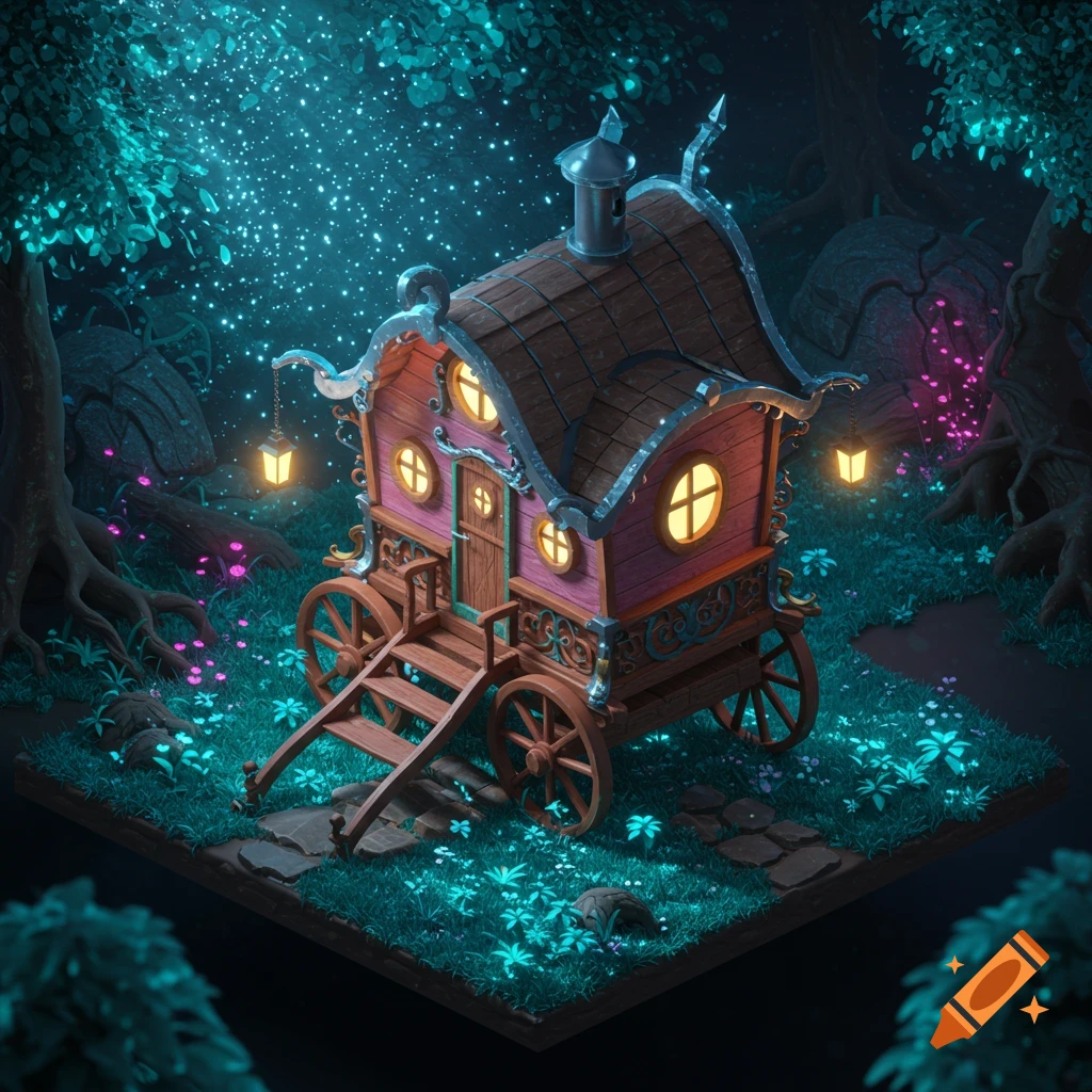 Isometric 3D render of a whimsical fantasy wagon in a magical, dark forest with glowing plants and sparkling lights.