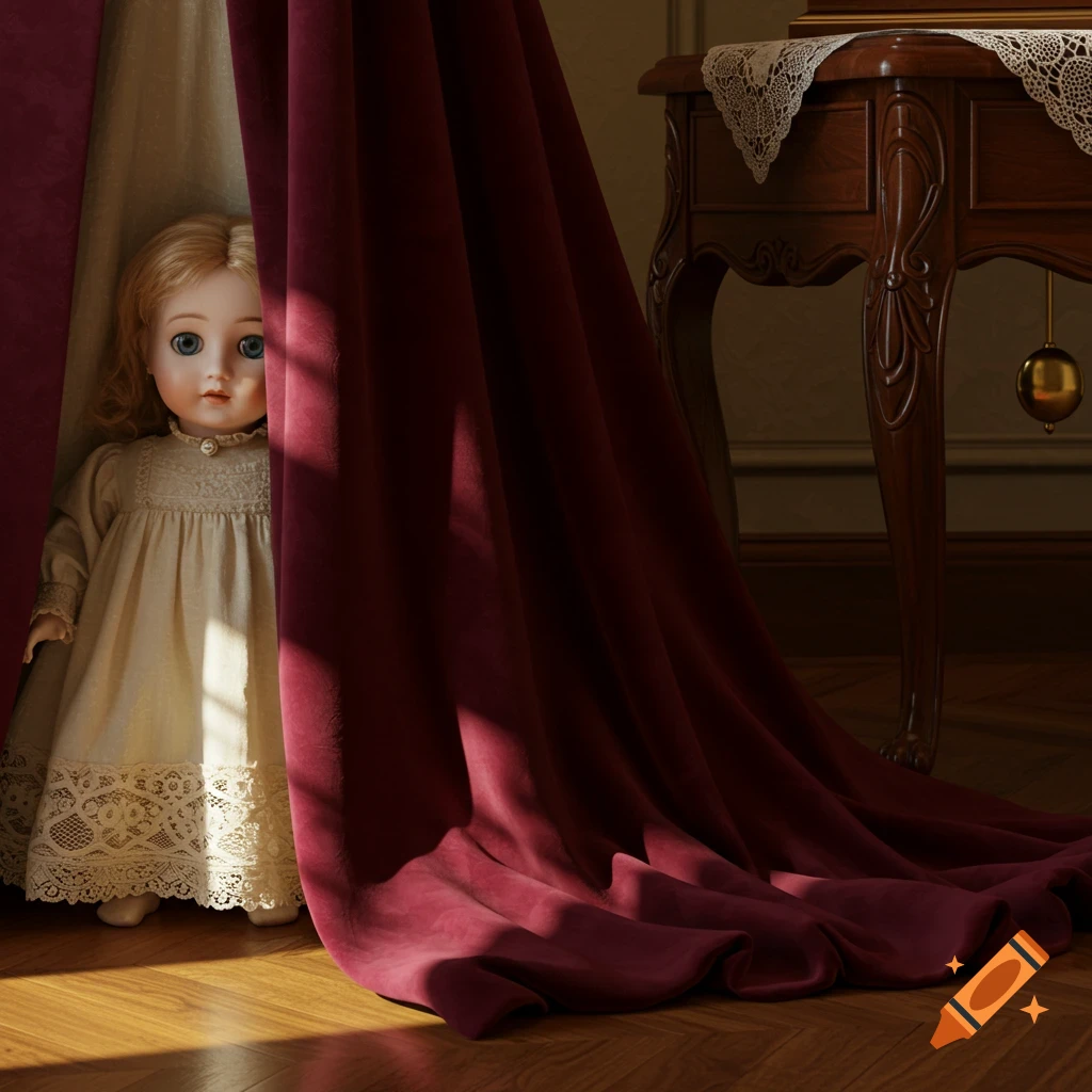 A vintage doll with blue eyes and blonde hair peeks from behind a red velvet curtain in a dimly lit room.