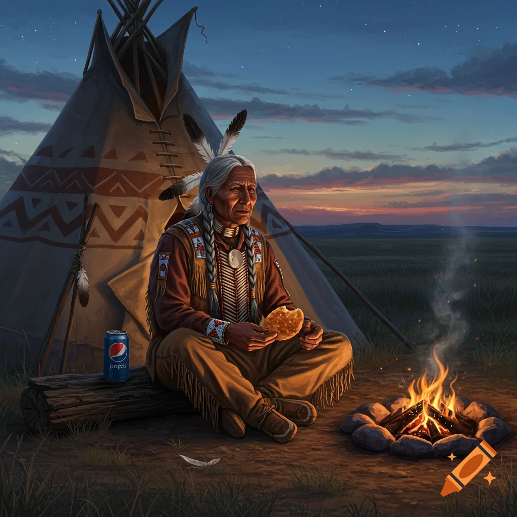 An older Native American man sits by a teepee and campfire at dusk, holding fried bread with a Pepsi can beside him.