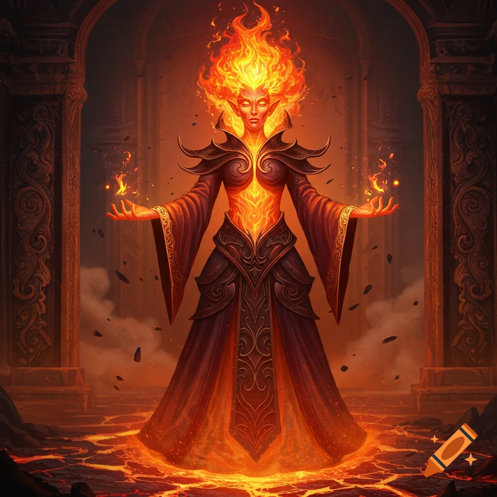 A fire elemental woman with flame hair and skin, wearing ornate robes, stands in ancient ruins over lava, conjuring fire.
