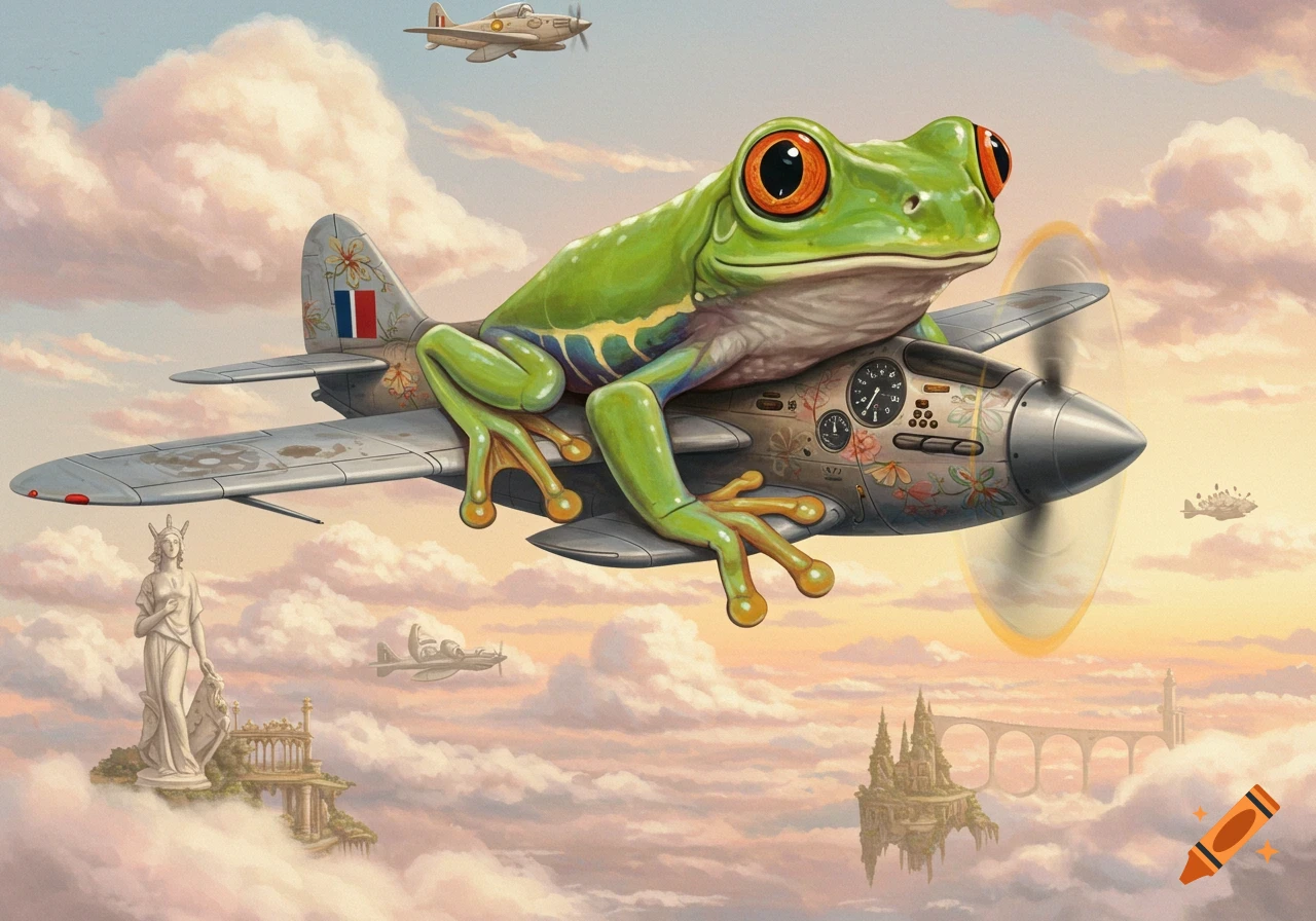 A large green tree frog rides on a propeller plane, flying through a surreal sky with floating islands and other aircraft at sunset, in a painterly style.