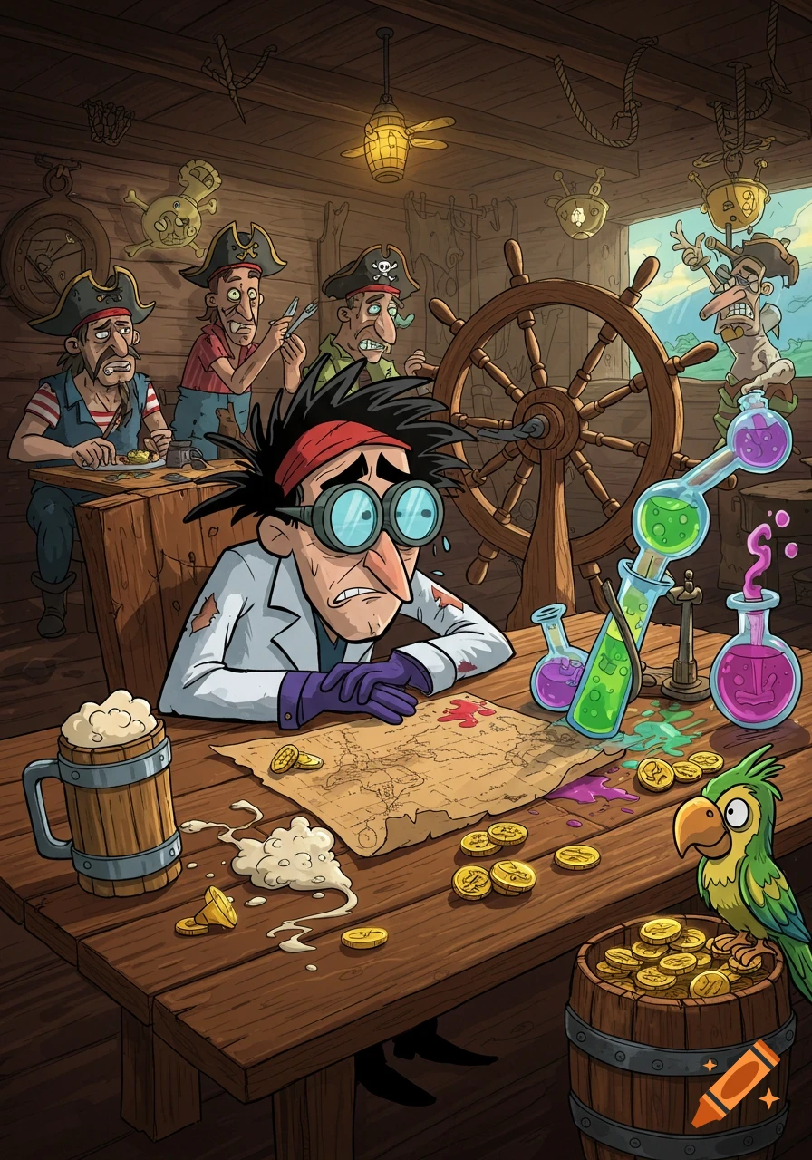 A depressed mad scientist with goggles works on a map with colorful potions on a table in a cartoon pirate ship's interior, surrounded by grumpy pirates.