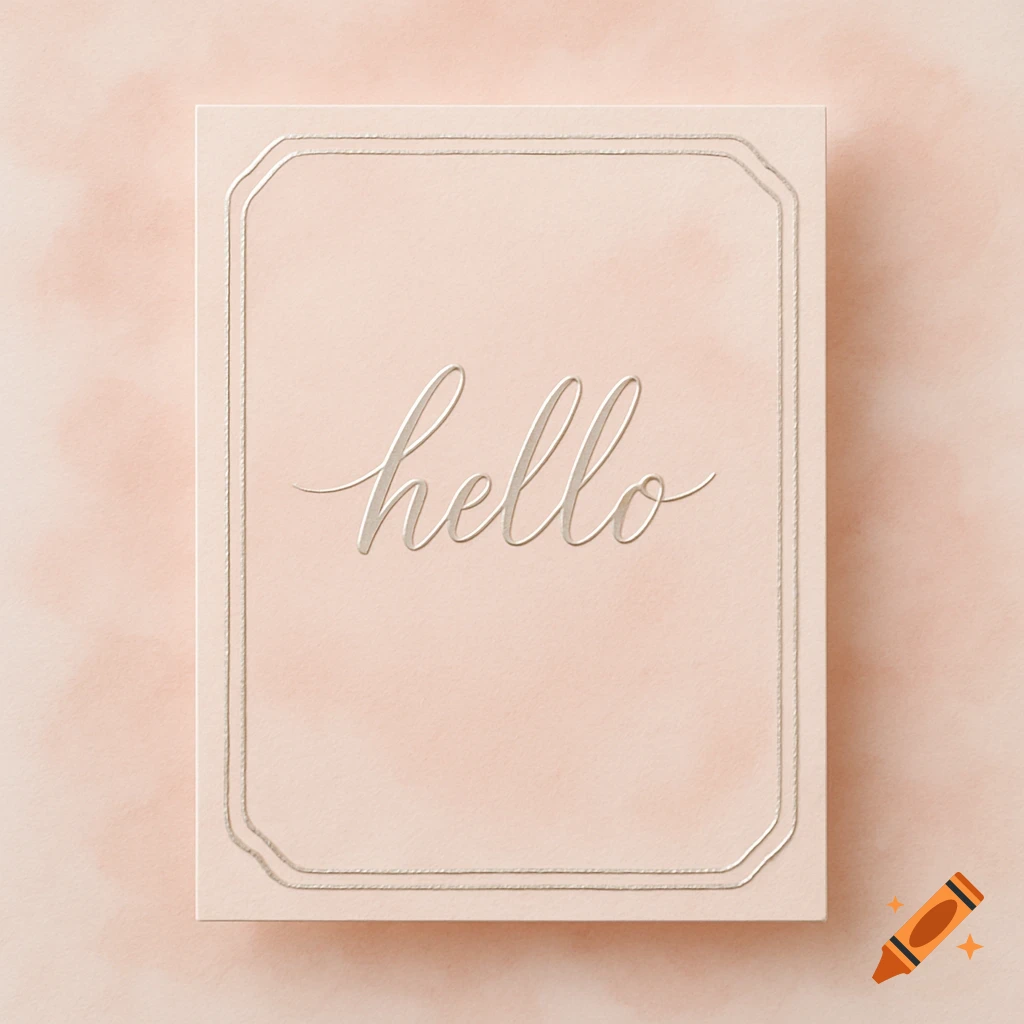 A light pink greeting card with a silver foiled 'hello' in script font, surrounded by a double silver outline, on a textured peach background.