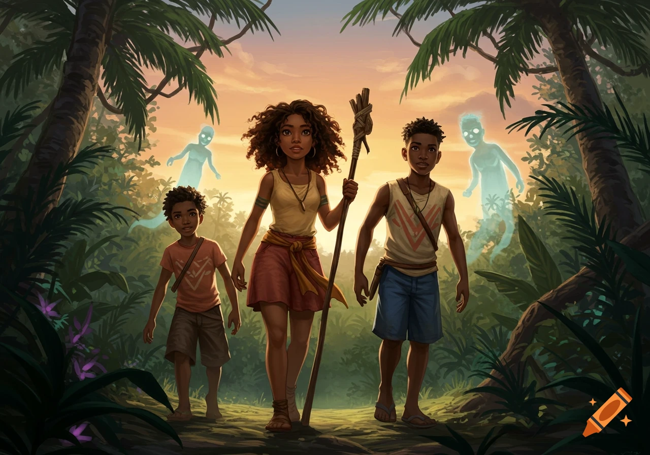 Three children, a girl with a staff and two boys, walk a jungle path with ethereal blue ghosts in a vibrant digital illustration.