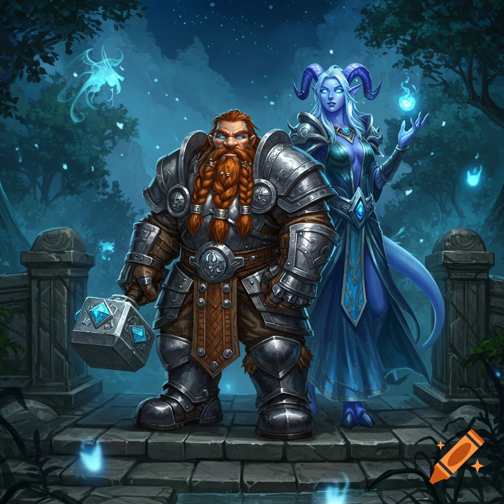 A male dwarf in armor holding a hammer and a blue female draenei casting a spell stand on a stone bridge in a mystical blue forest at night, digital art.
