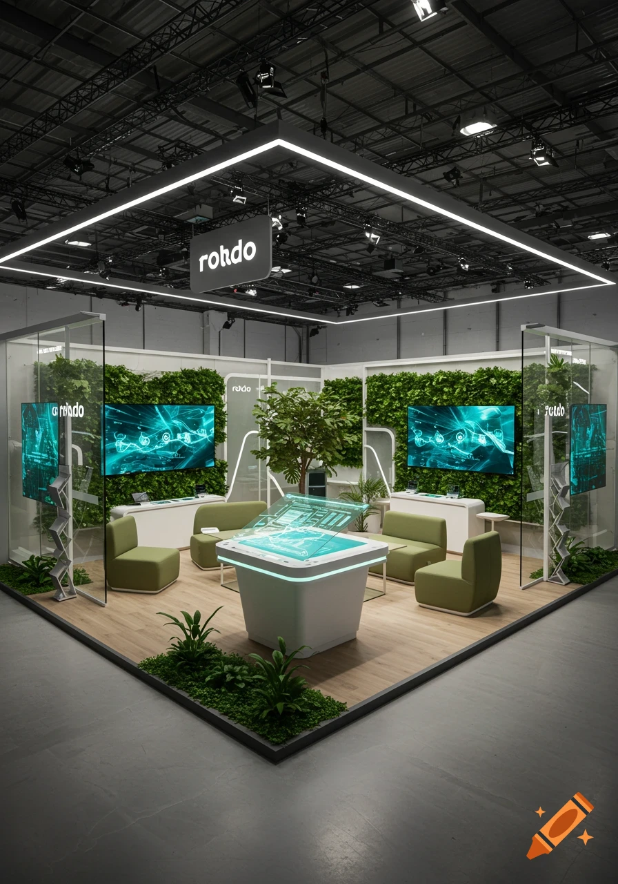A modern, sleek technology brand booth with green walls, screens displaying data, an interactive glowing table, and olive green chairs.