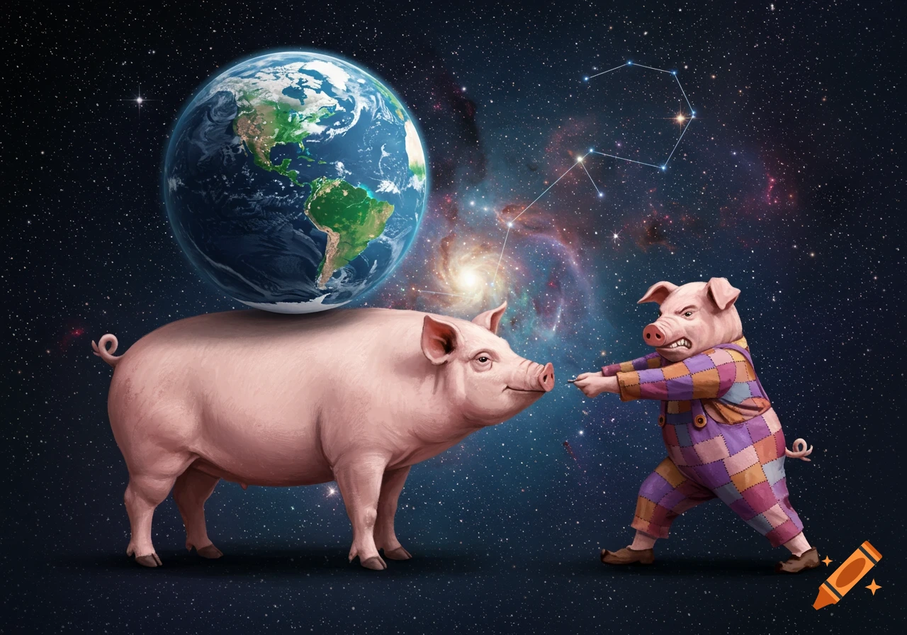 A large pink pig carries Earth on its back in space, while a smaller pig in a colorful patched suit tries to drag it down.
